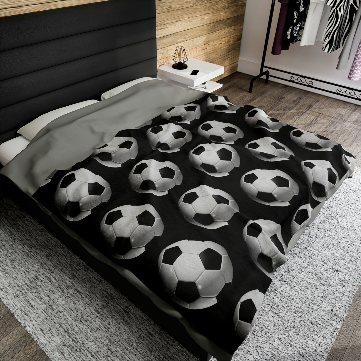 Soccer ball print- Velveteen Plush Blanket- BLACK (ST-NCP-61-122U)